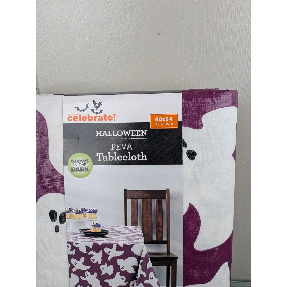 Way to Celebrate Halloween Glow in the Dark Ghost PEVA Tablecloth Purple 60x84